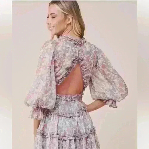 Saints & Secrets GREY ORANGE MULTI-COLOR FLORAL PRINT V-NECK RUFFLE DRES… - Picture 3 of 9